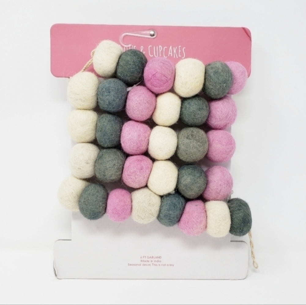 Love & Cupcakes Felted Wool Pom Pom Ball Garland Valentine's Day